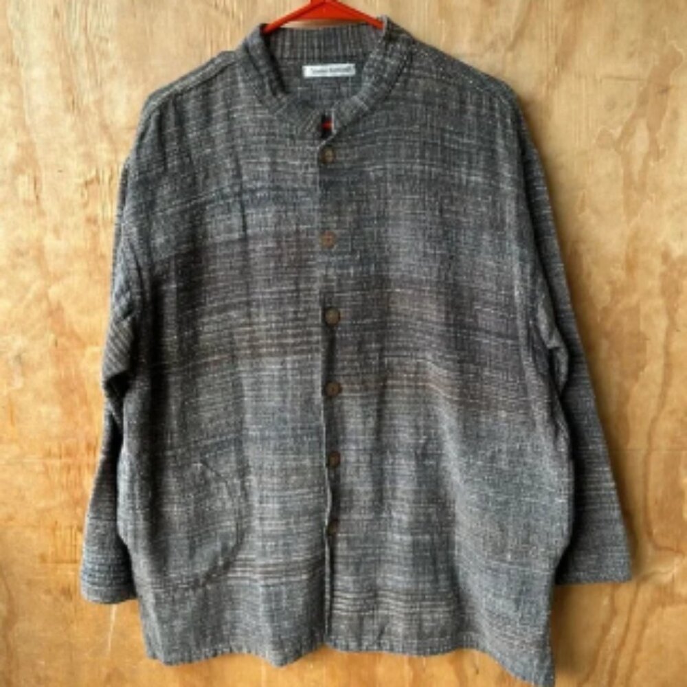 Yasuko Kurisaka Mandarin Button Down Blazer Tweed Boucle Brown Gray Jacket